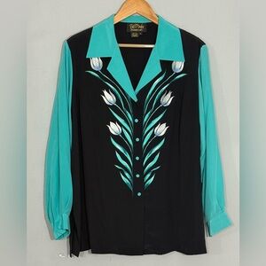 Bob Mackie Wearable Art Silk Blouse 1X Teal Black Floral
